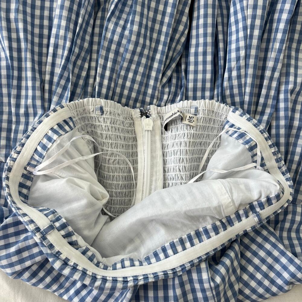 Abercrombie & Fitch Strapless Bubble Hem Mini Dress in Blue Gingham Medium Tall - Picture 8 of 11